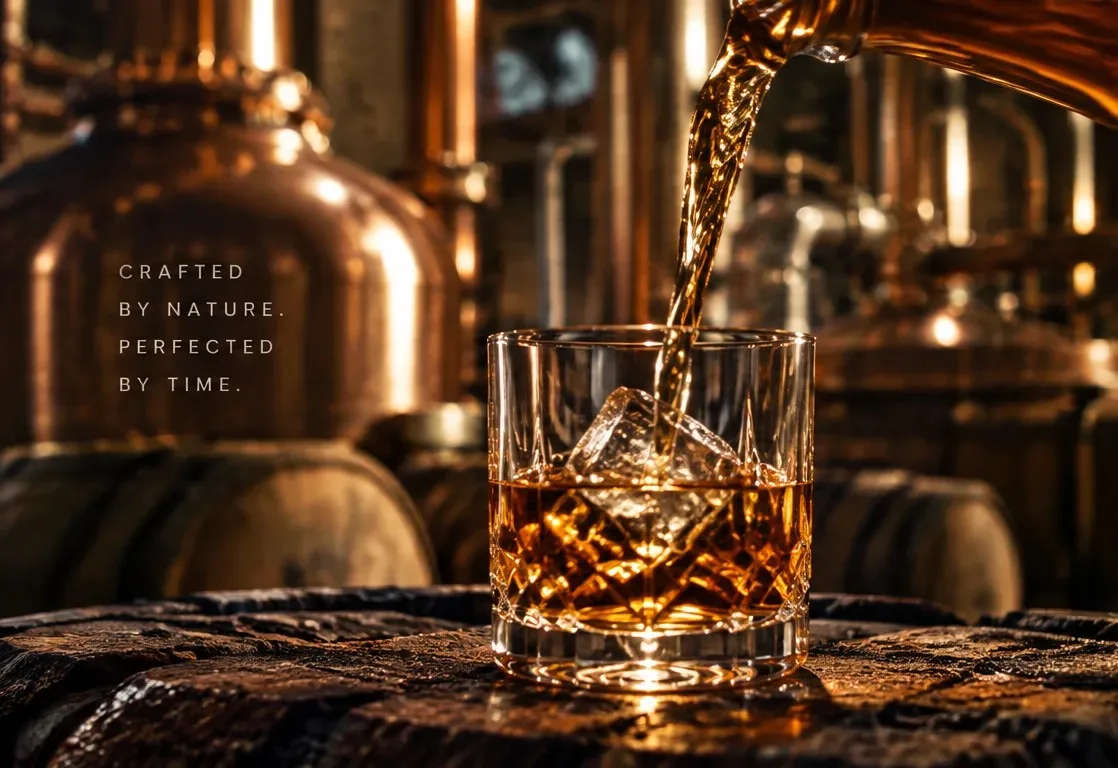 Whisky poured over ice into a cut-crystal tumbler on a cask head, copper stills behind.