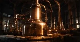 Copper pot stills inside a distillery.