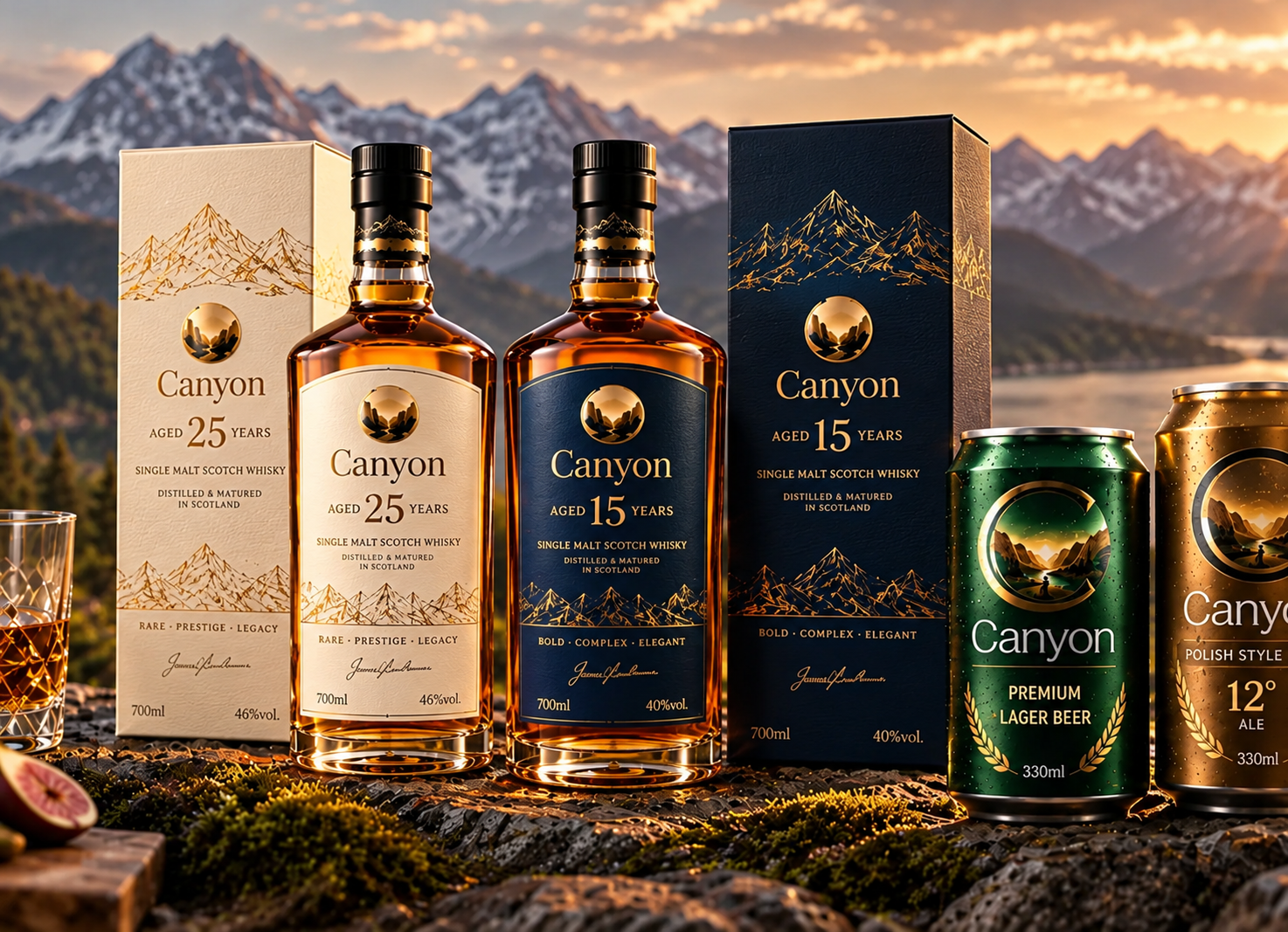 Canyon's Aged 25 and 15 Years Scottish whiskies with their gift boxes, and Canyon beer cans, on a rock above a mountain lake at sunset.