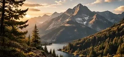 A mountain lake at sunset, surrounded by forest.