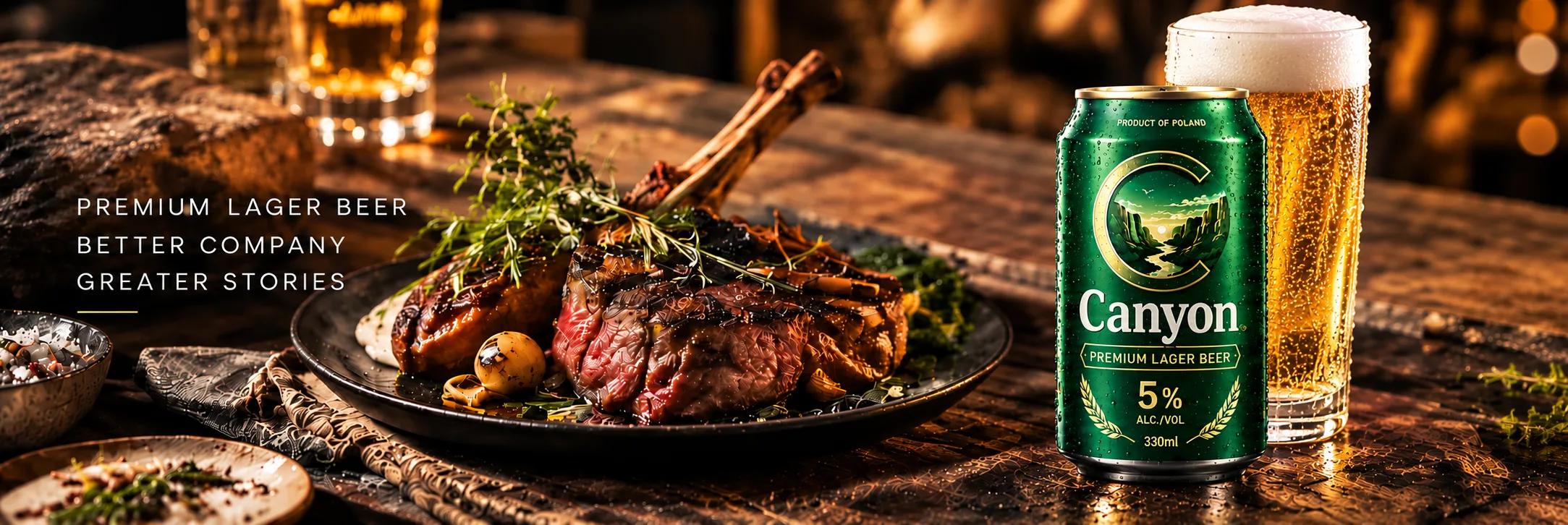 A grilled lamb chop beside a glass of beer and a Canyon Premium Lager Beer can on a candlelit rustic table.