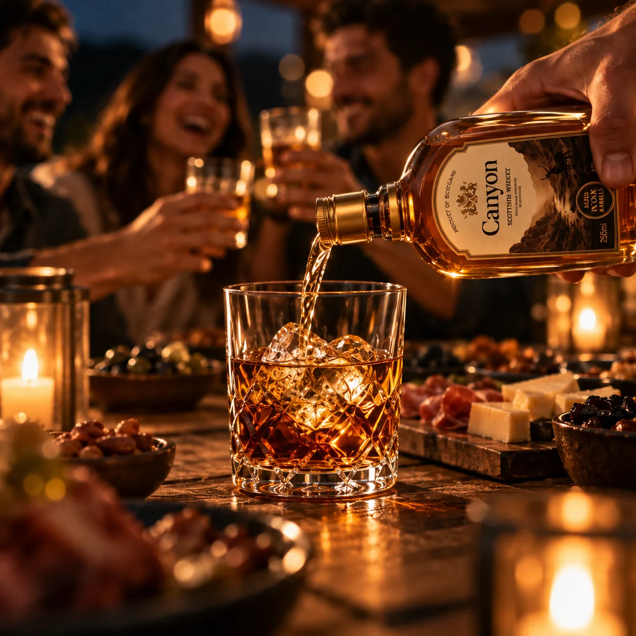 Whisky being poured over ice into a crystal tumbler at a candlelit table set with food.