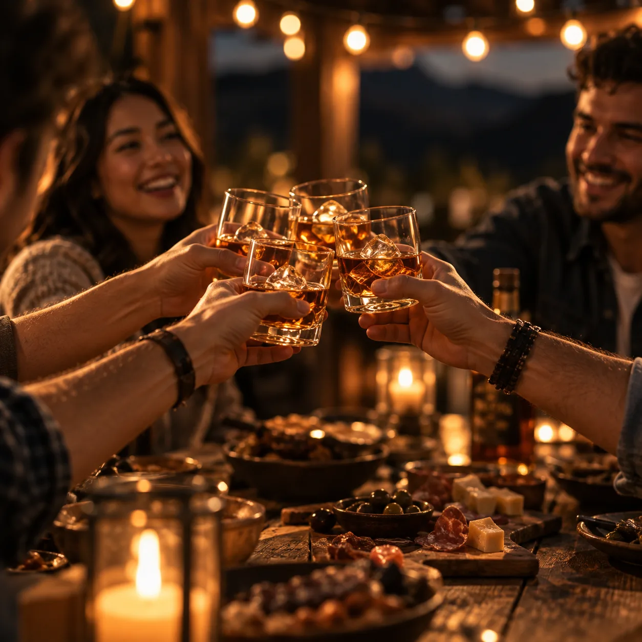 Friends clinking whisky glasses together around a candlelit table.