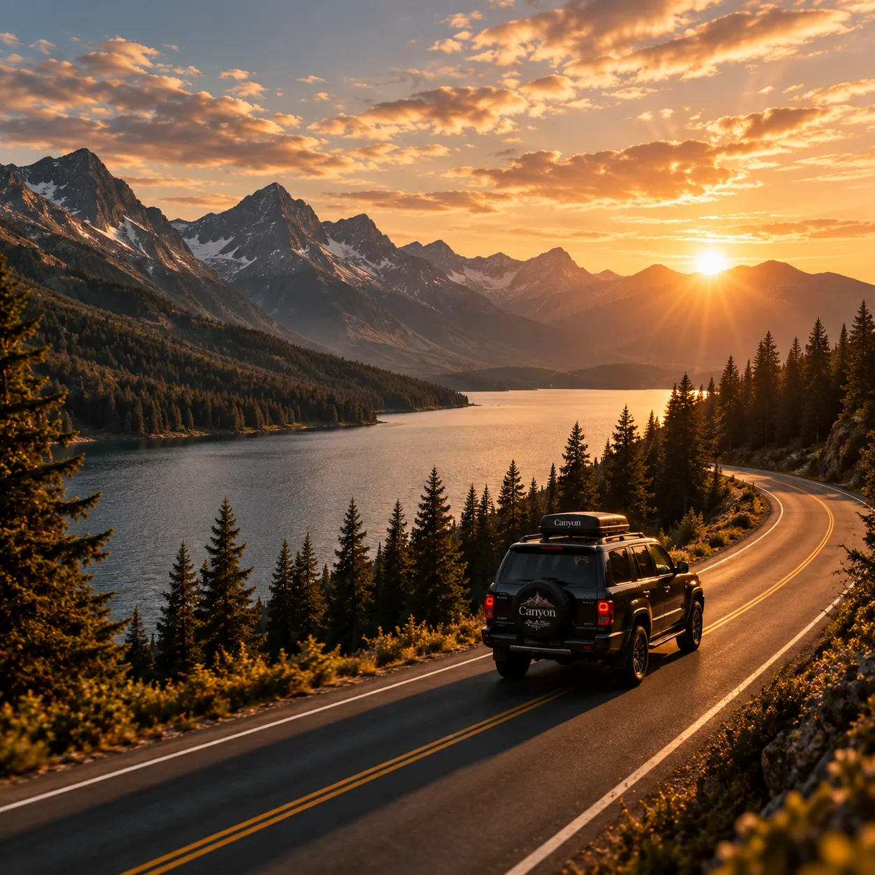 A car driving a mountain road beside a lake at sunset.
