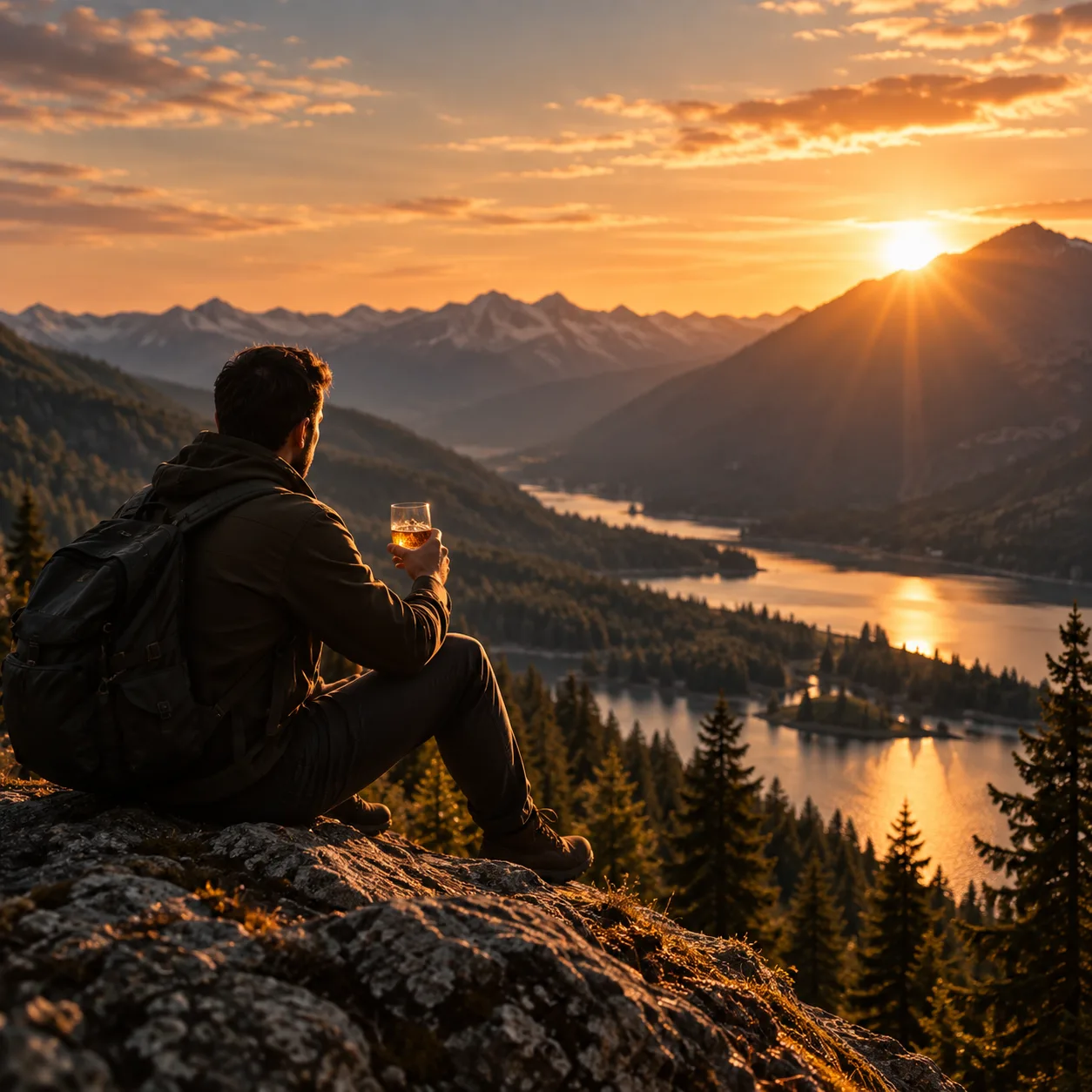 A man sitting on a mountain ridge at sunset, holding a glass of whisky, overlooking a forested valley and lake.