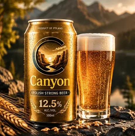 A Canyon 12.5% beer can beside a poured pint against a mountain landscape.