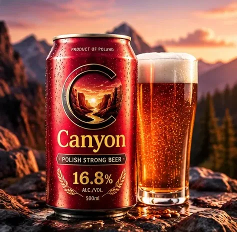 A Canyon 16.8% beer can beside a poured pint against a mountain landscape.