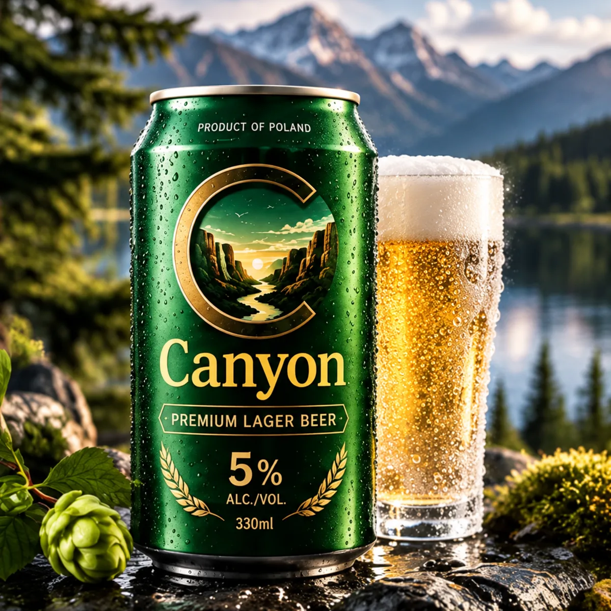 A Canyon 5% beer can beside a poured pint against a mountain landscape.