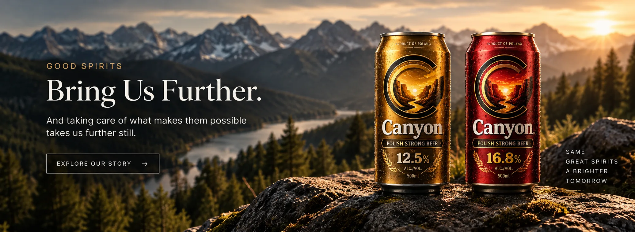 Canyon Polish Strong Beer cans, 12.5% and 16.8%, on a rock above a forested valley and lake at sunset.