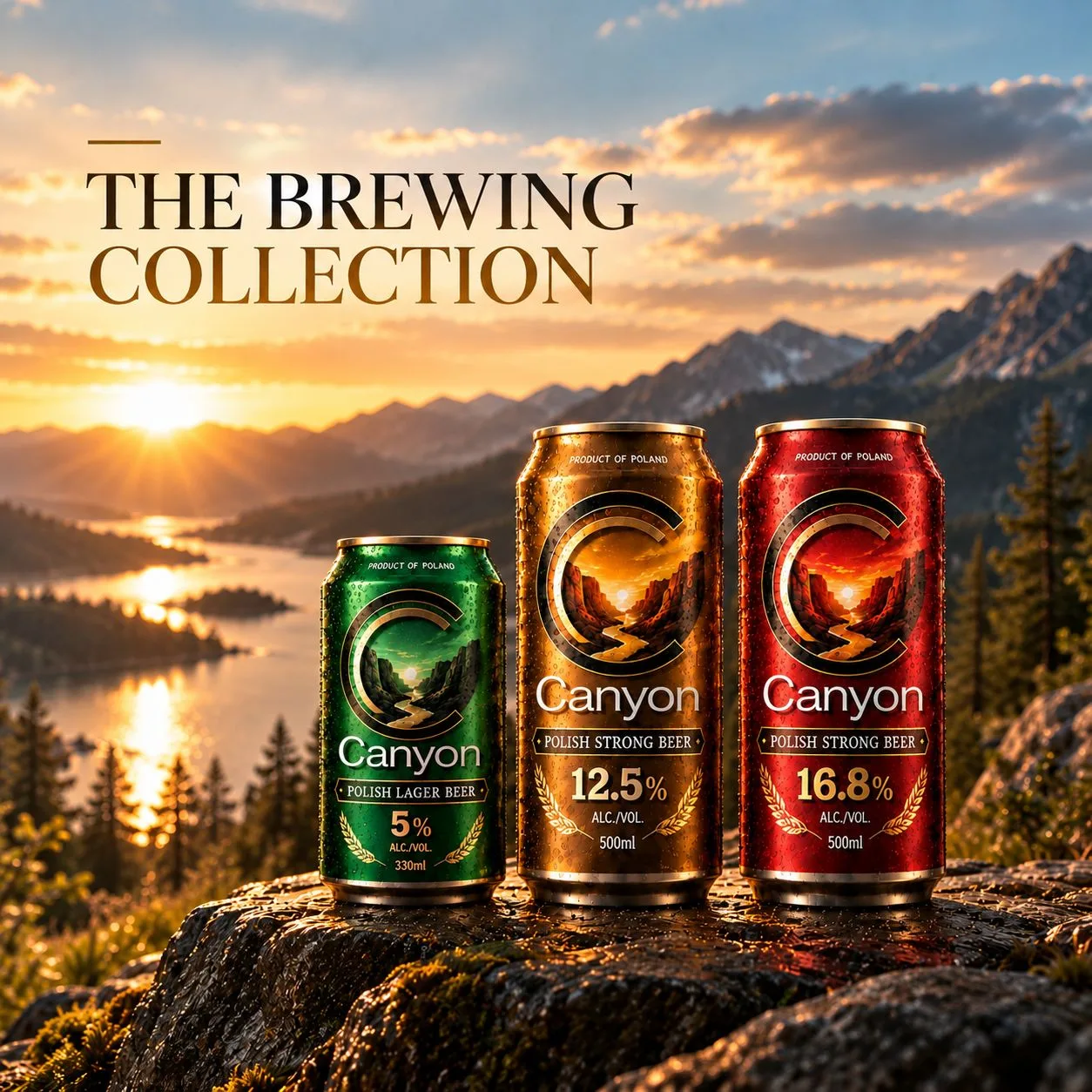 The Brewing Collection: Canyon Lager, Strong Lager and Extra Strong Lager cans with 6- and 24-can cases, on a rock above a valley at sunset.