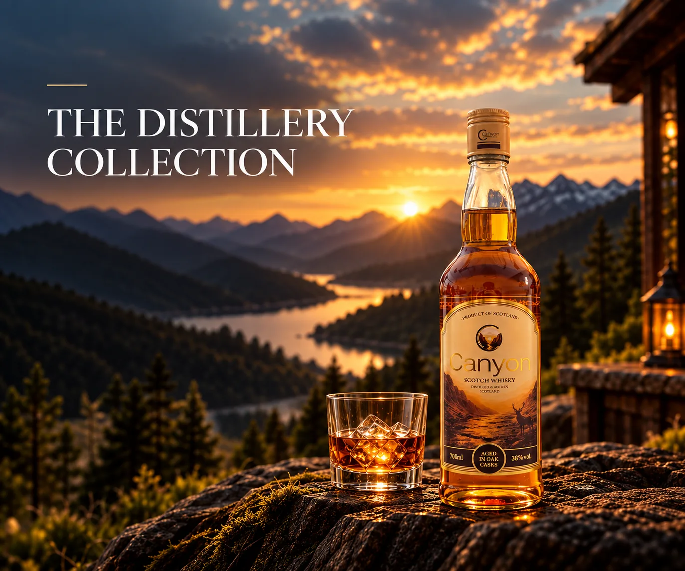 The Distillery Collection: a Canyon Scottish Whisky bottle and glass on a rock above a mountain valley at sunset, beside a lit lantern.