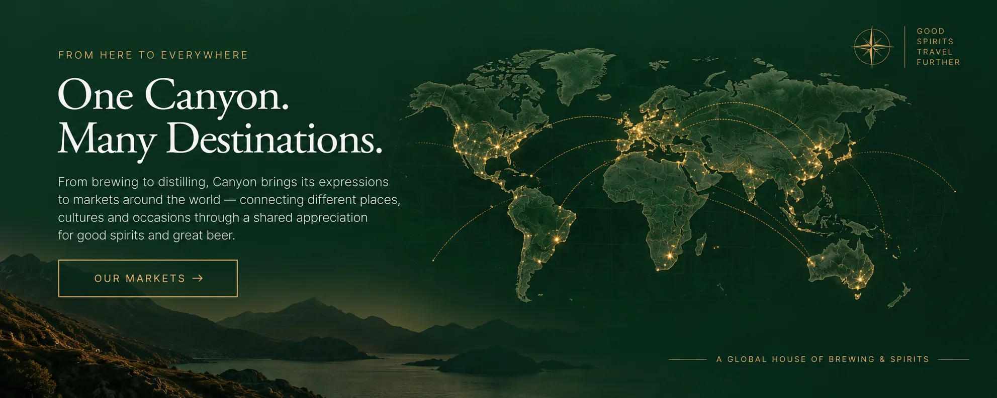 World map glowing with Canyon's markets, connected by dotted flight paths, over a mountain lake at dusk