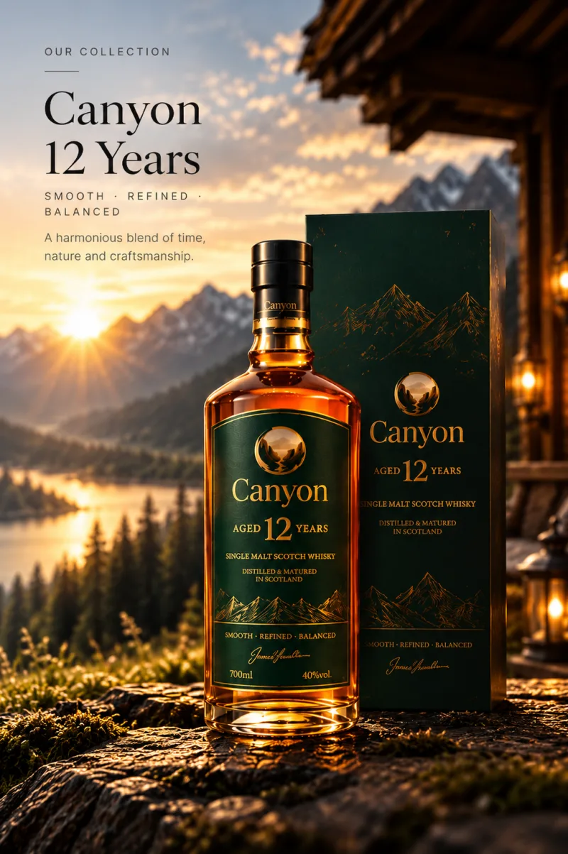 Canyon 12 Years poster: the bottle and its green gift box on a mossy rock above a mountain lake at sunset.