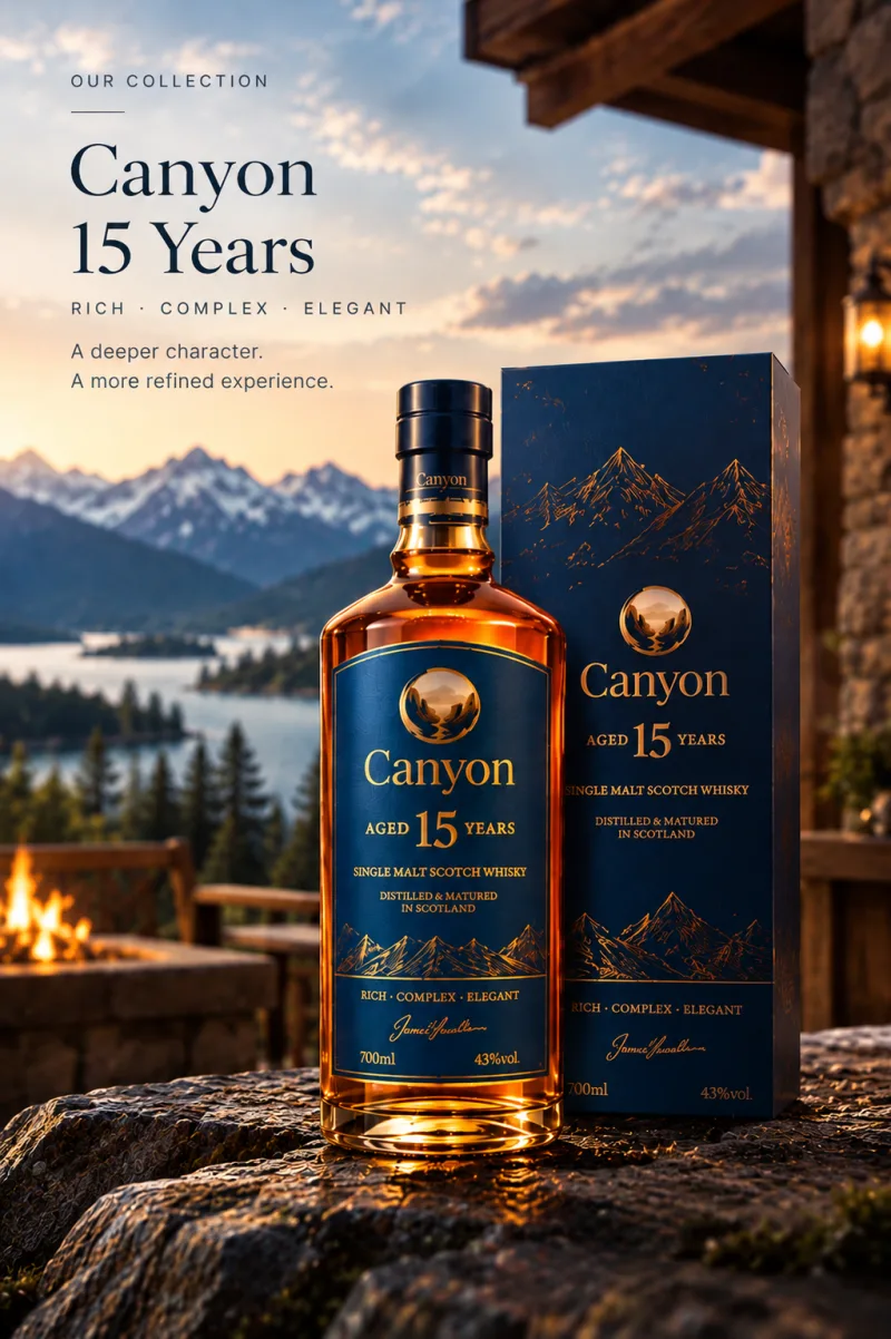 Canyon 15 Years poster: the bottle and its navy gift box on a stone terrace above a mountain lake, a fire pit burning behind.