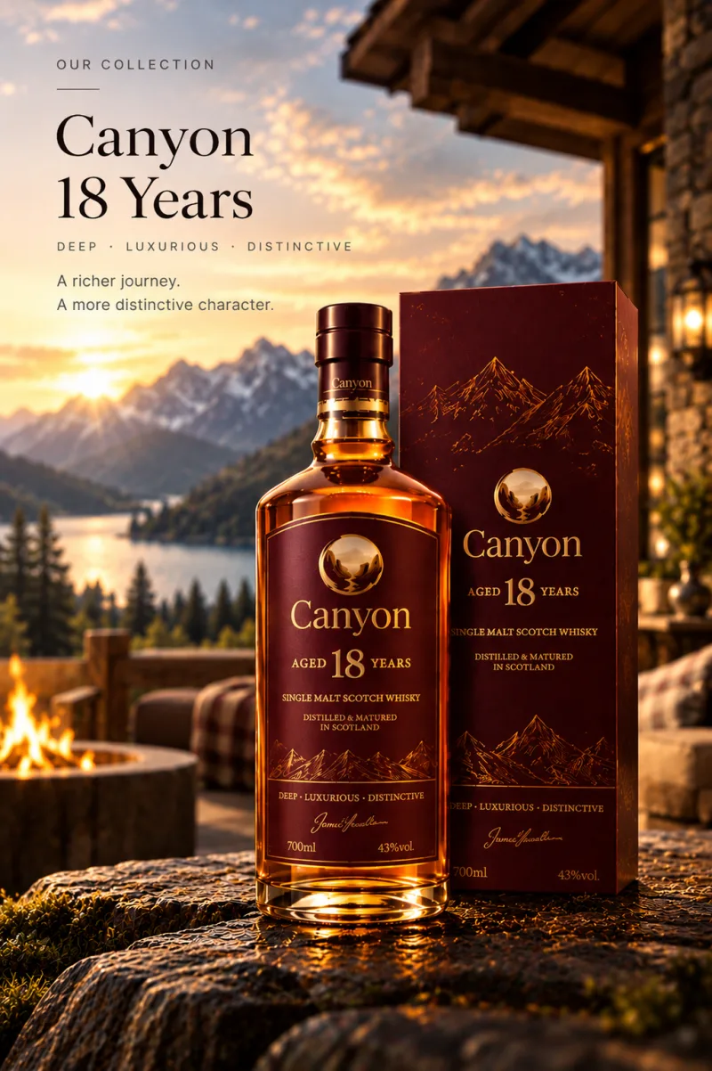 Canyon 18 Years poster: the bottle and its burgundy gift box on a stone terrace above a mountain lake at sunset, a fire pit burning behind.