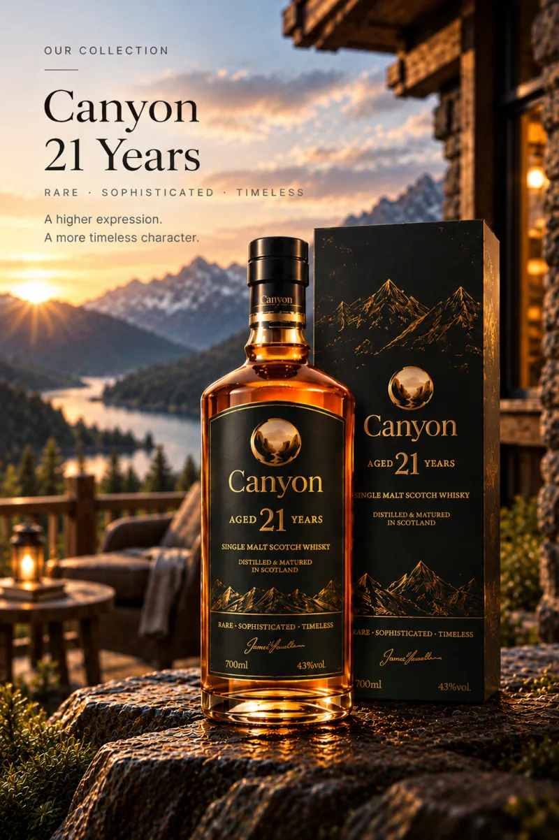 Canyon 21 Years poster: the bottle and its black gift box on a stone ledge by a lodge terrace, mountains and a lake at sunset behind.