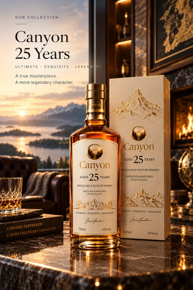 Canyon 25 Years poster: the bottle and its cream gift box on a marble bar beside a crystal tumbler, a fire and a mountain lake view behind.