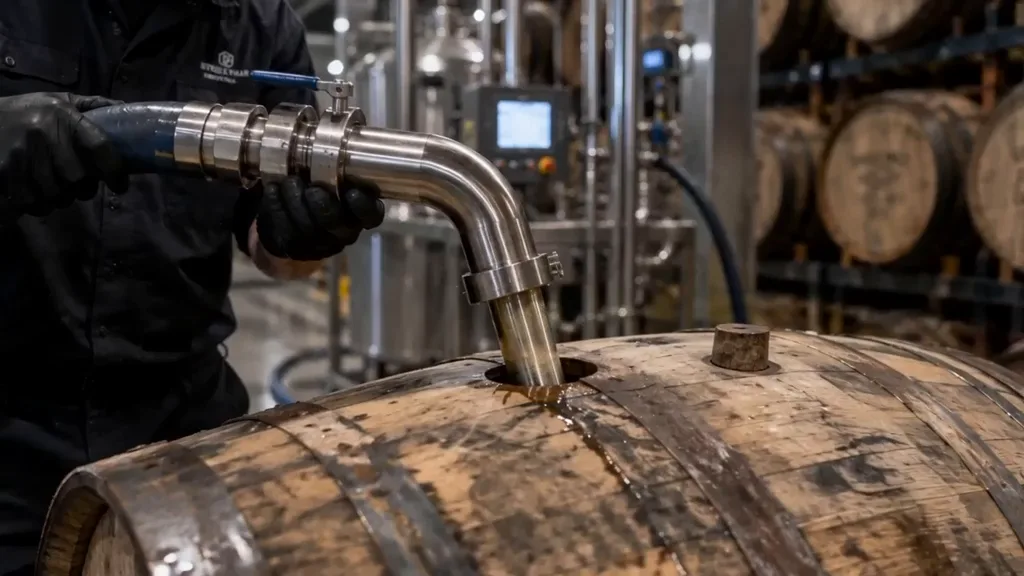 A distillery worker filling an oak cask with new-make spirit