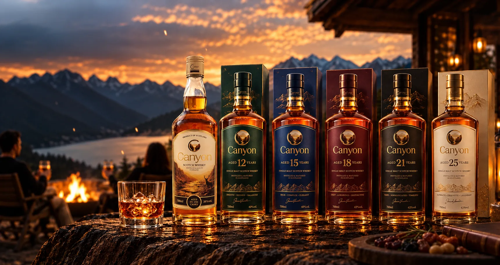 Canyon whisky bottles lined up on a stone ledge at sunset, mountains and a lake behind