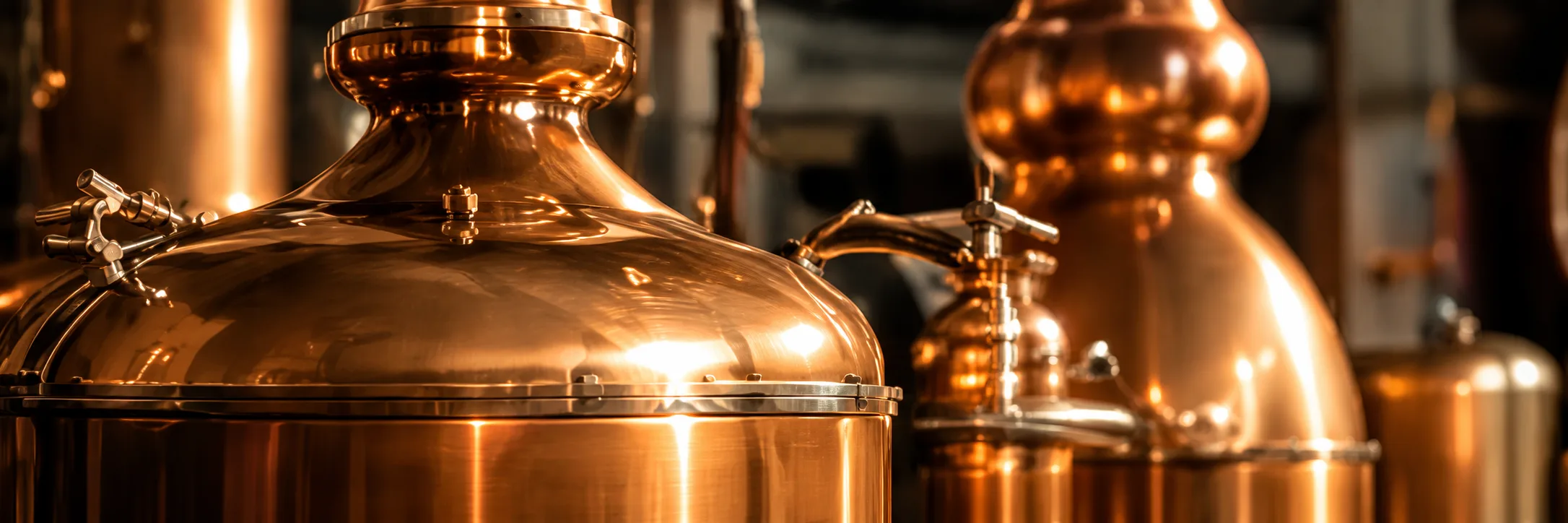 Copper pot stills in a distillery
