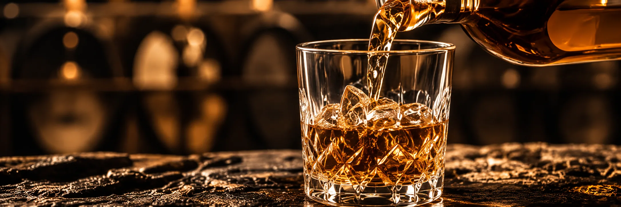 Whisky being poured over ice into a crystal glass