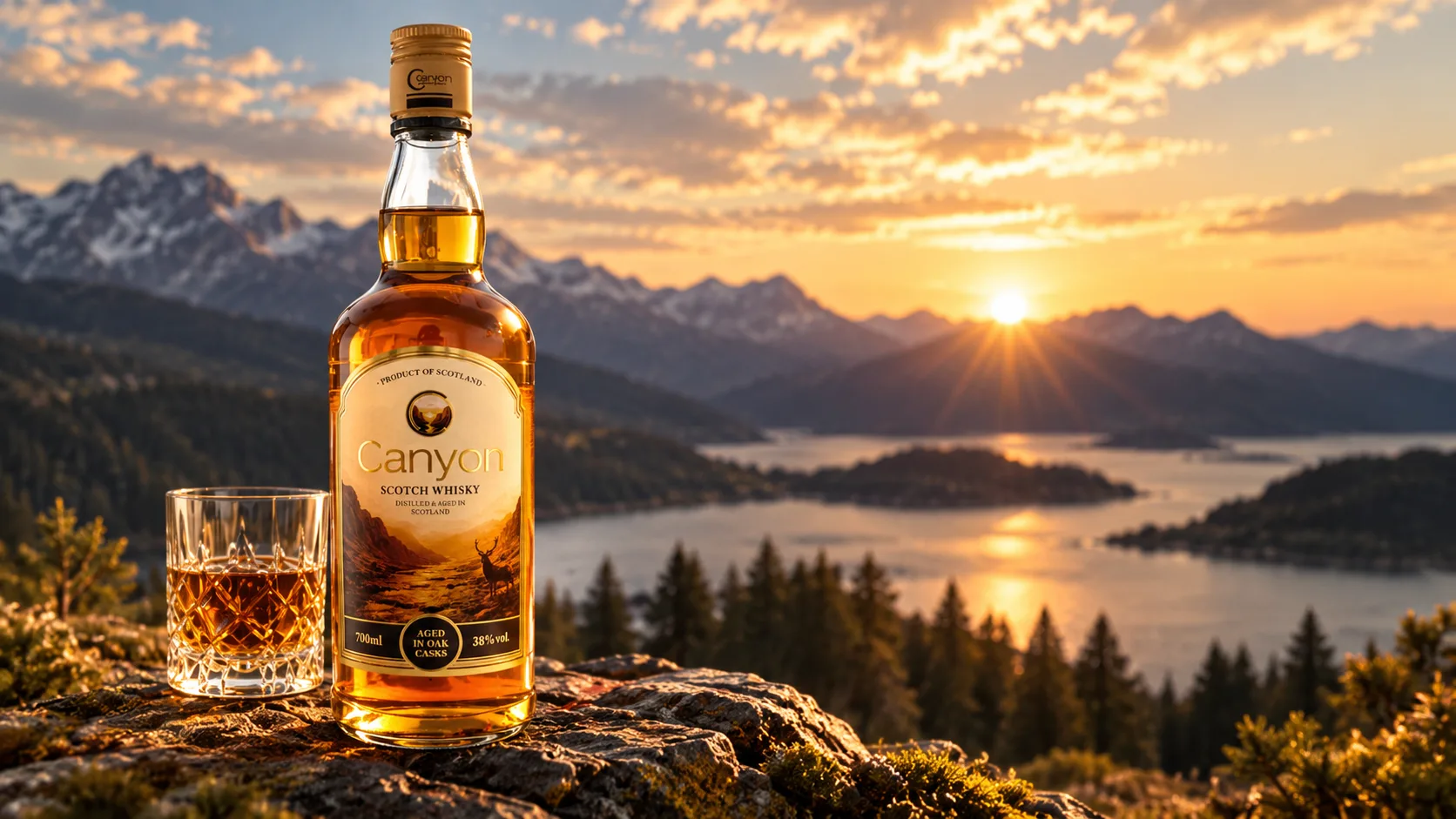 Canyon 38% bottle beside a crystal glass of whisky on a rock, mountains and a lake at sunset behind