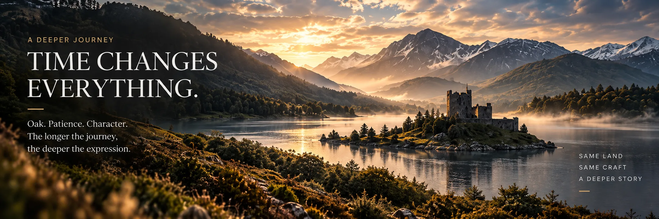 Highland loch at sunrise, a castle on an island and mountains behind