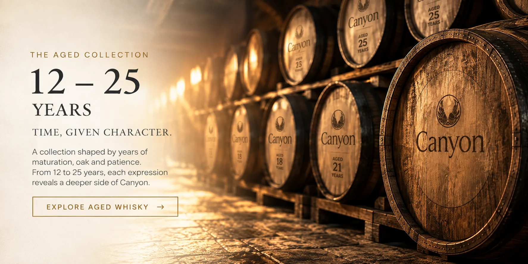 Canyon oak casks stacked in a warehouse
