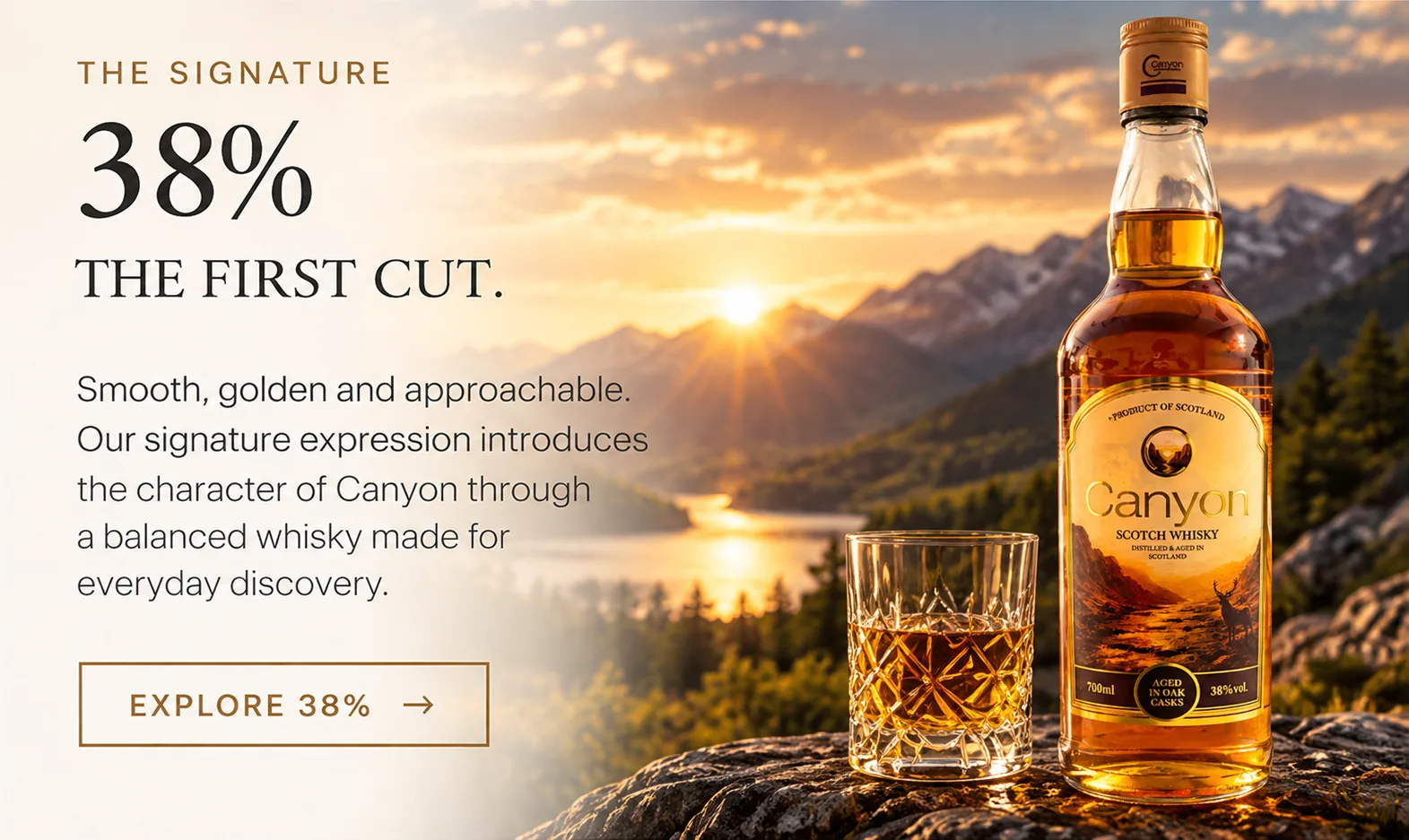 Canyon 38% bottle and a crystal glass of whisky on a rock above a mountain lake at sunset