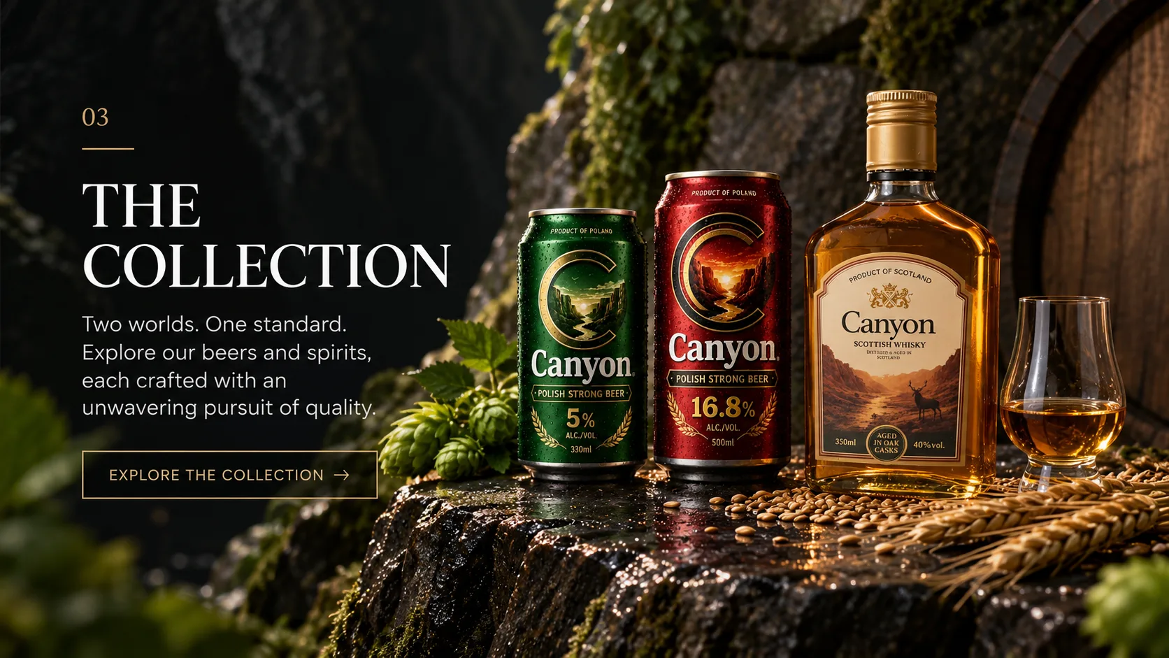 The Collection: the Canyon Lager and Strong Beer cans beside a Scottish Whisky bottle and a filled nosing glass, on a mossy rock before a cask end.