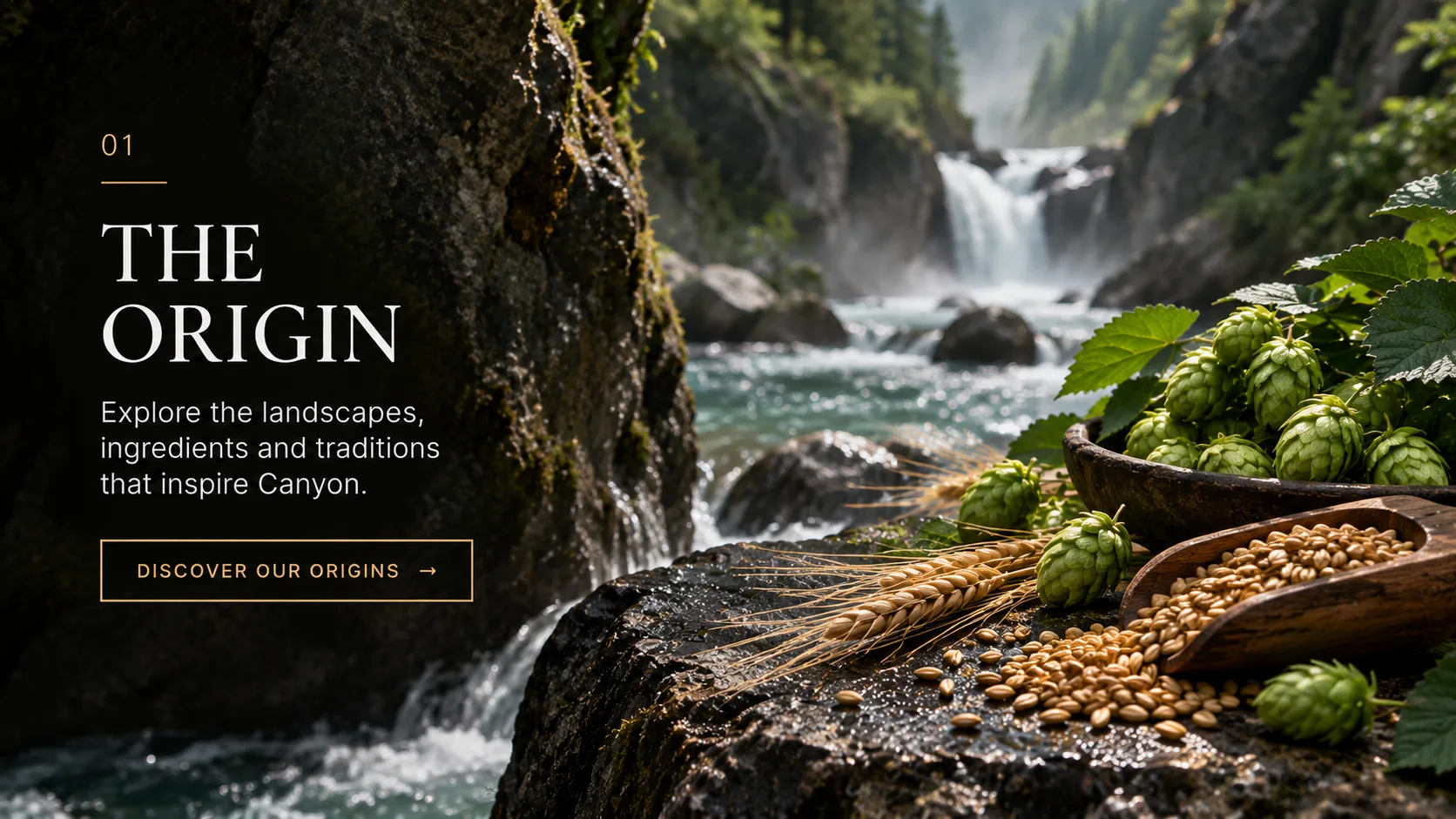 The Origin: a waterfall cutting through a mossy gorge, with hops, barley ears and a wooden scoop of grain on the rock in the foreground.