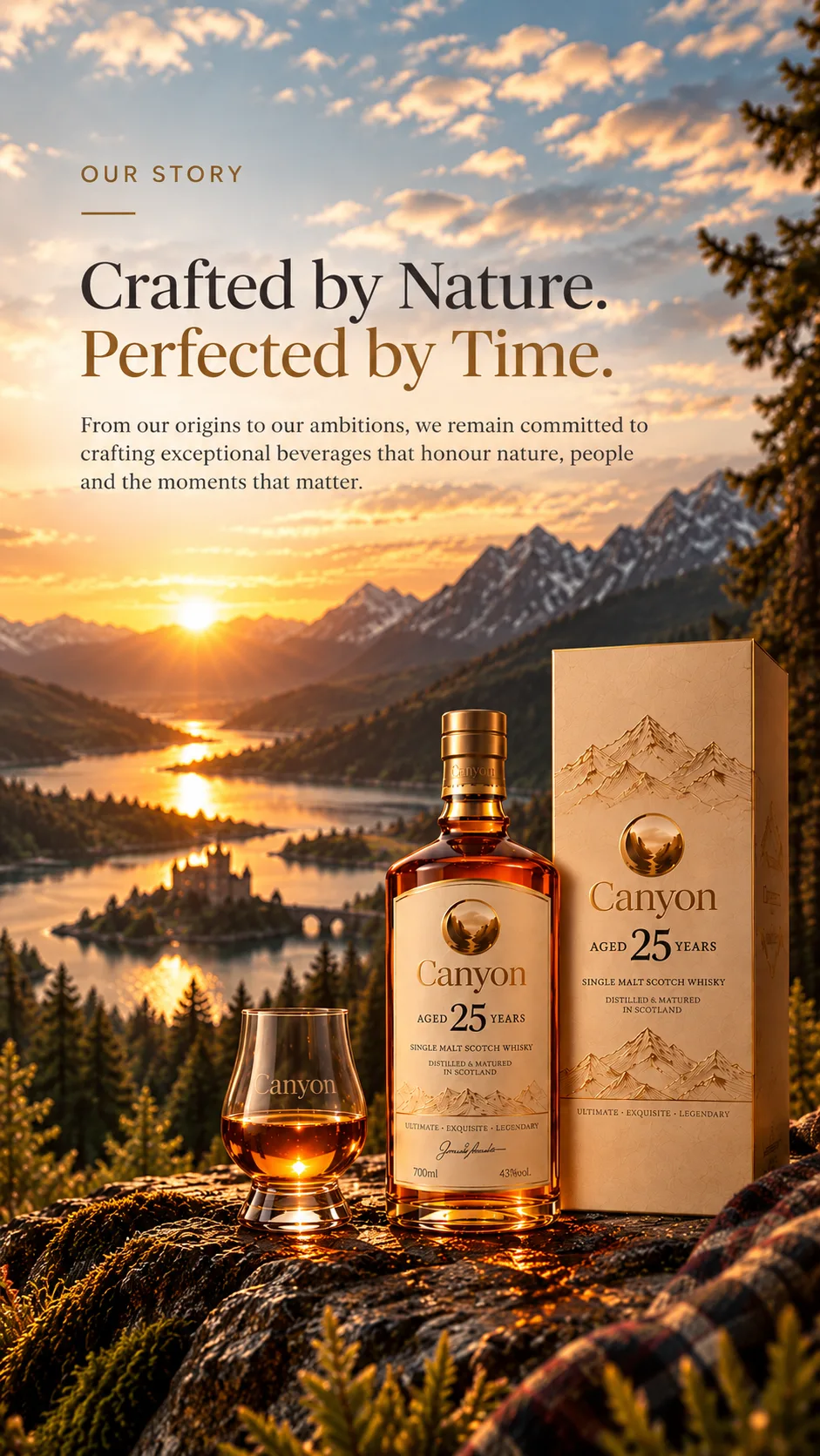 Our Story — Crafted by Nature. Perfected by Time. A Canyon Scottish Whisky 25 Years bottle, glass and gift box on a rock above a Highland loch at sunrise.