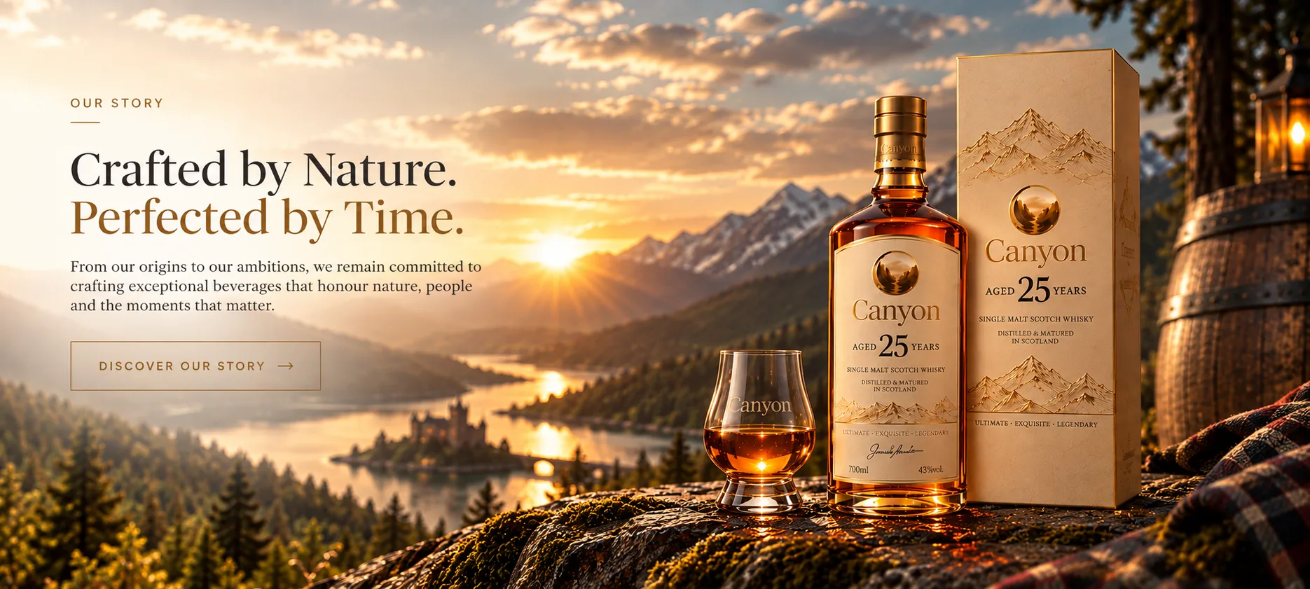 Our Story — Crafted by Nature. Perfected by Time. A Canyon Scottish Whisky 25 Years bottle, glass and gift box on a rock above a Highland loch at sunrise.